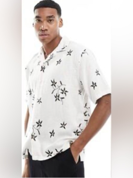 Abercrombie & Fitch Other - Abercrombie & Fitch White Linen Short-Sleeve Shirt with Black Floral Print